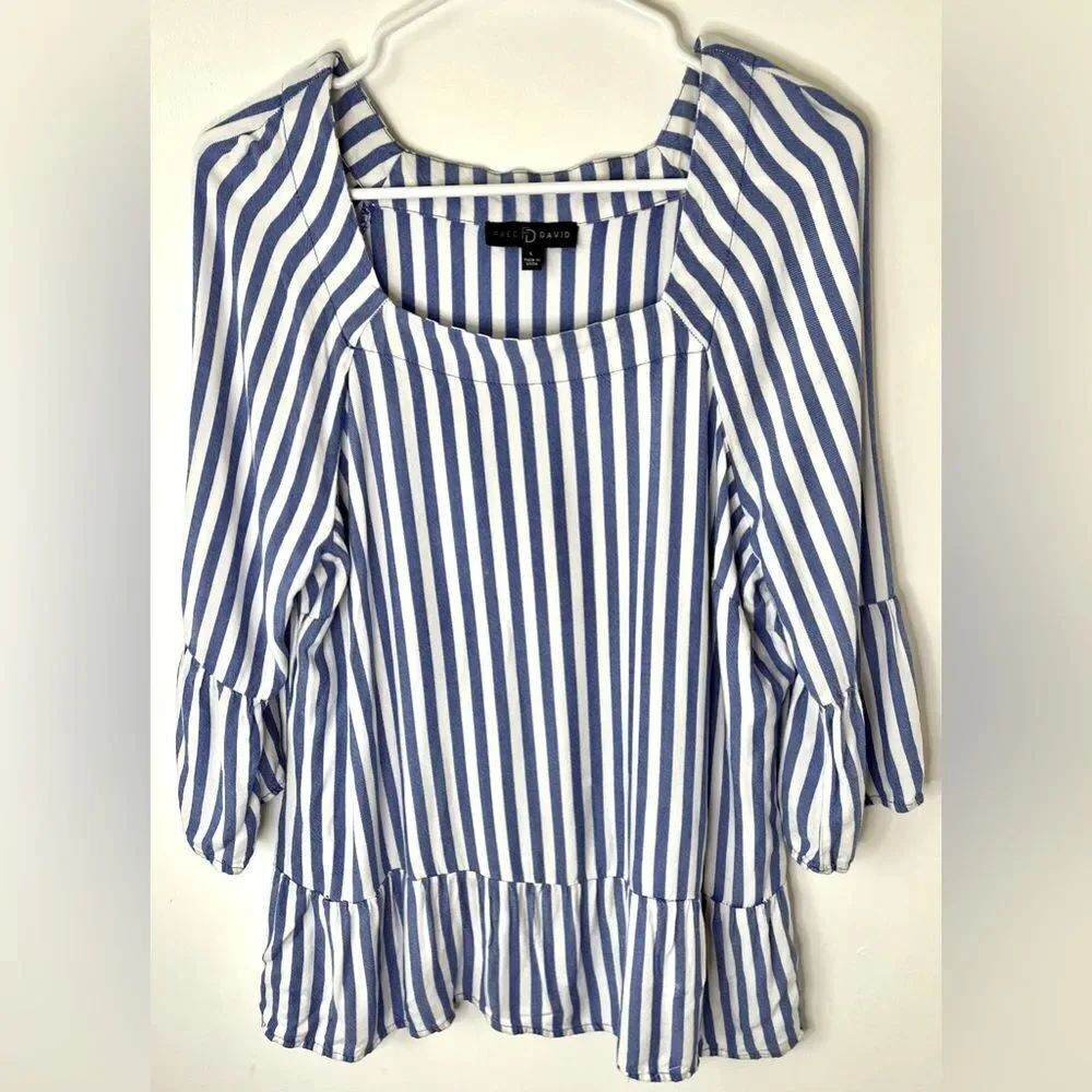 Fred David Ruffled Hem Nautical Blue & White Stripe Square Neckline Size large